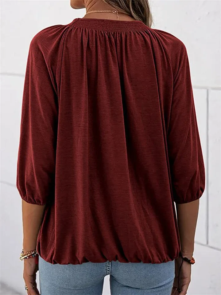 Casual Solid Color Round Neck 3/4 Sleeve T-Shirts