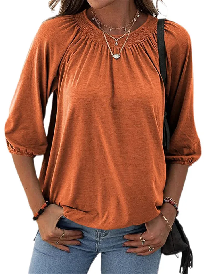 Casual Solid Color Round Neck 3/4 Sleeve T-Shirts