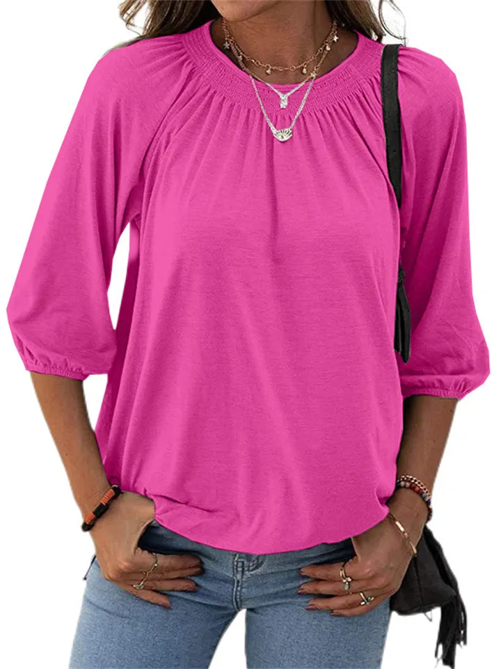 Casual Solid Color Round Neck 3/4 Sleeve T-Shirts