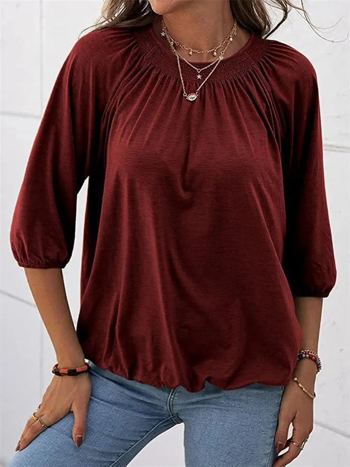 Casual Solid Color Round Neck 3/4 Sleeve T-Shirts