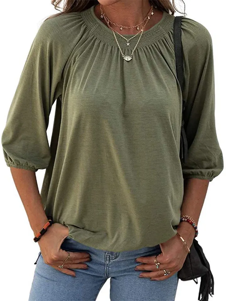 Casual Solid Color Round Neck 3/4 Sleeve T-Shirts