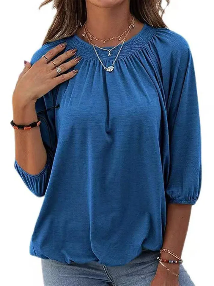 Casual Solid Color Round Neck 3/4 Sleeve T-Shirts