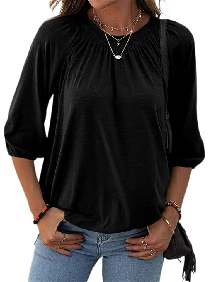 Casual Solid Color Round Neck 3/4 Sleeve T-Shirts