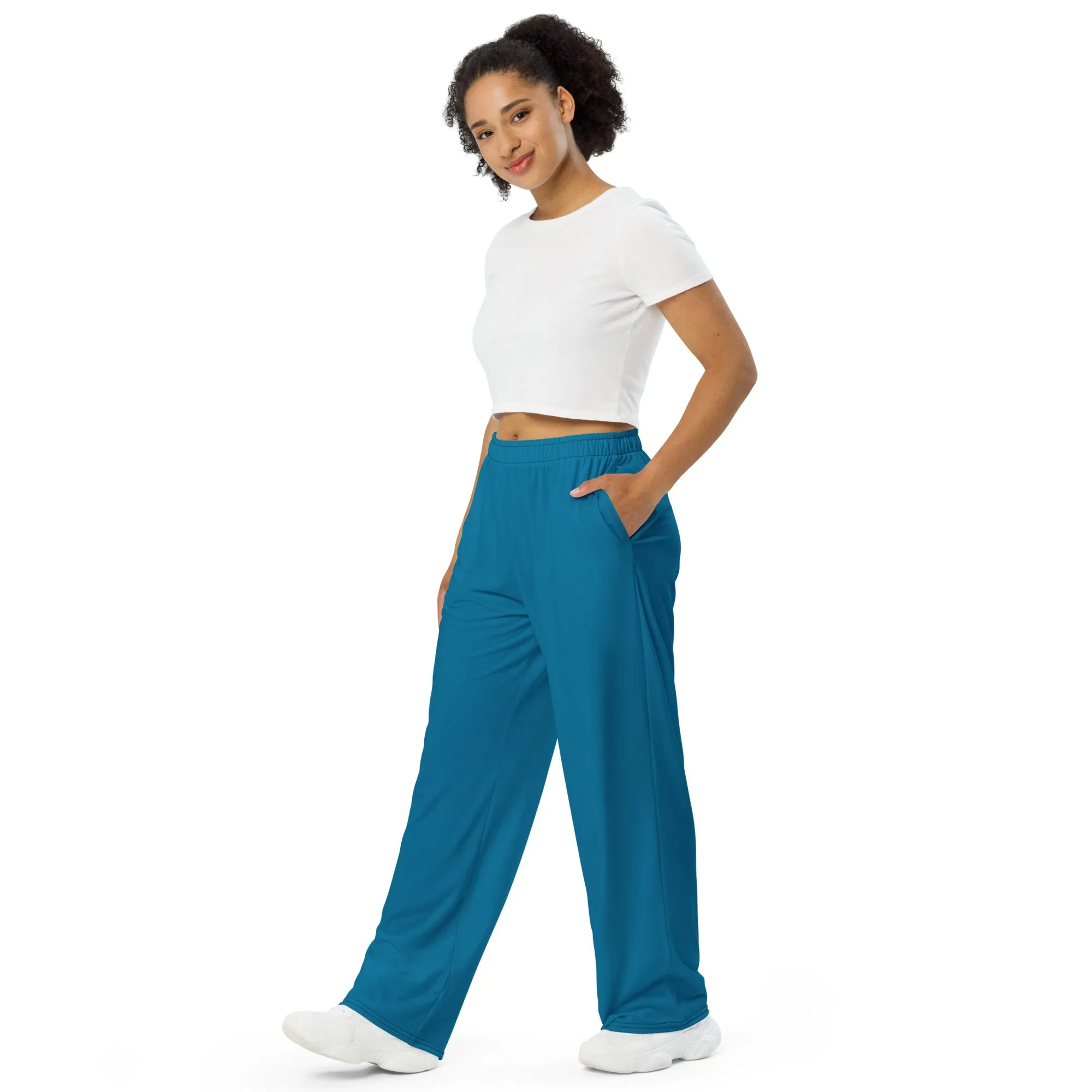 Cerulean blue color coordinating with "Incoming - One Design" wide-leg pants