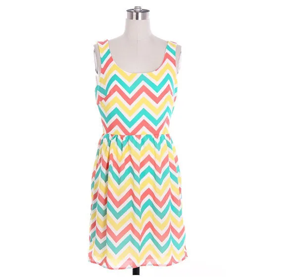 Chevron Dress - Navy Green Yellow Zigzag
