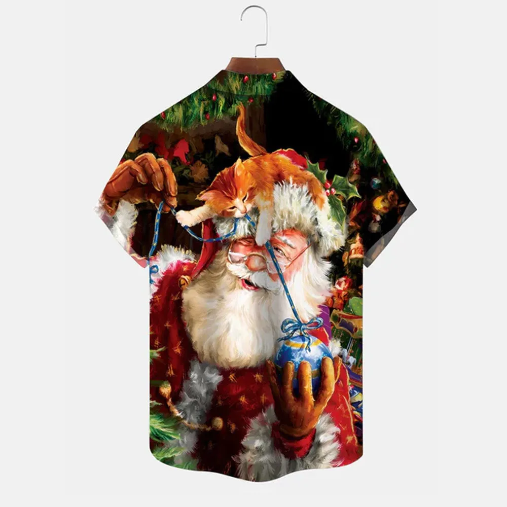 Christmas Santa Claus Cat Pocket Button Casual Short Sleeve Shirt