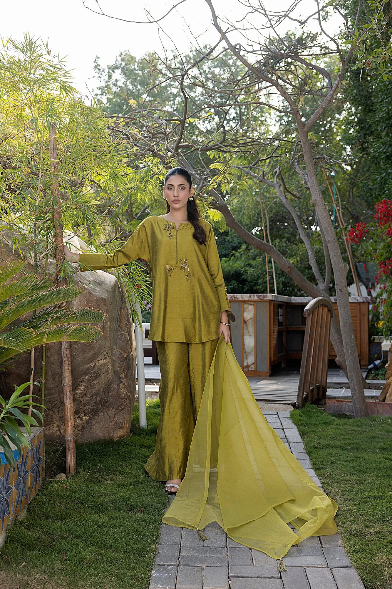 Classic Mustard Hand-Embroidered stitched 3-piece