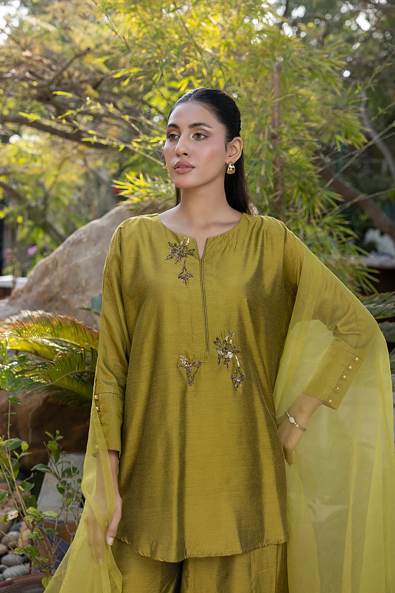 Classic Mustard Hand-Embroidered stitched 3-piece