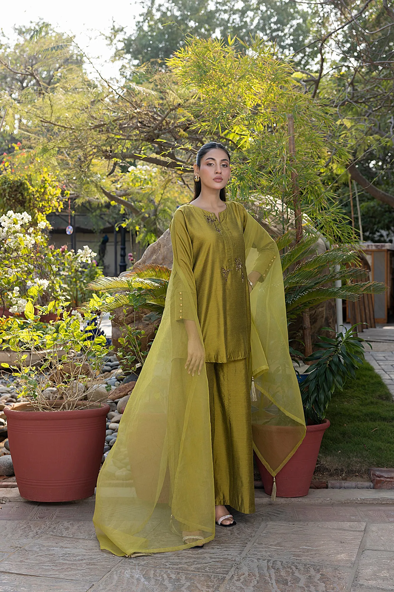 Classic Mustard Hand-Embroidered stitched 3-piece