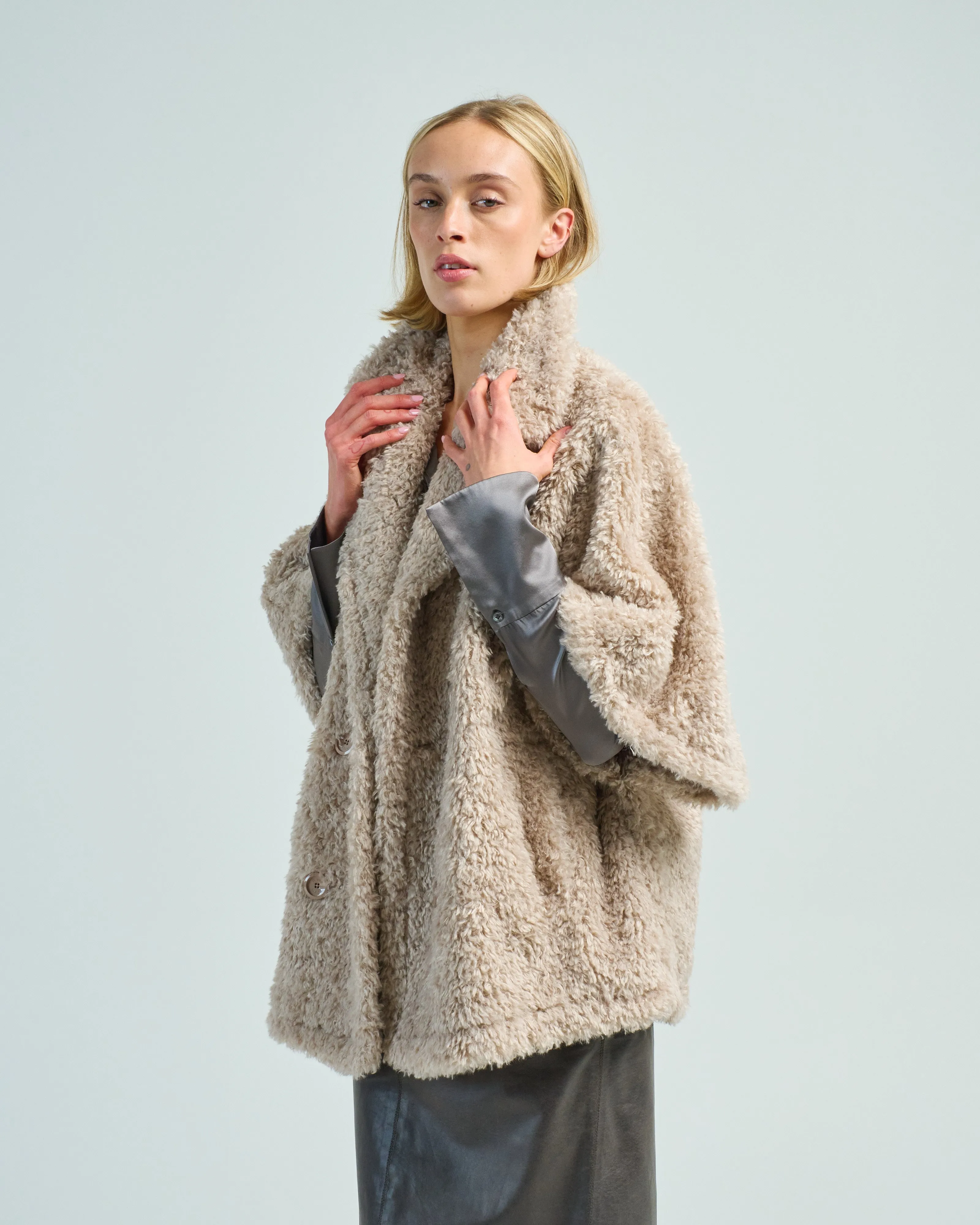curly faux fur double breasted cape
