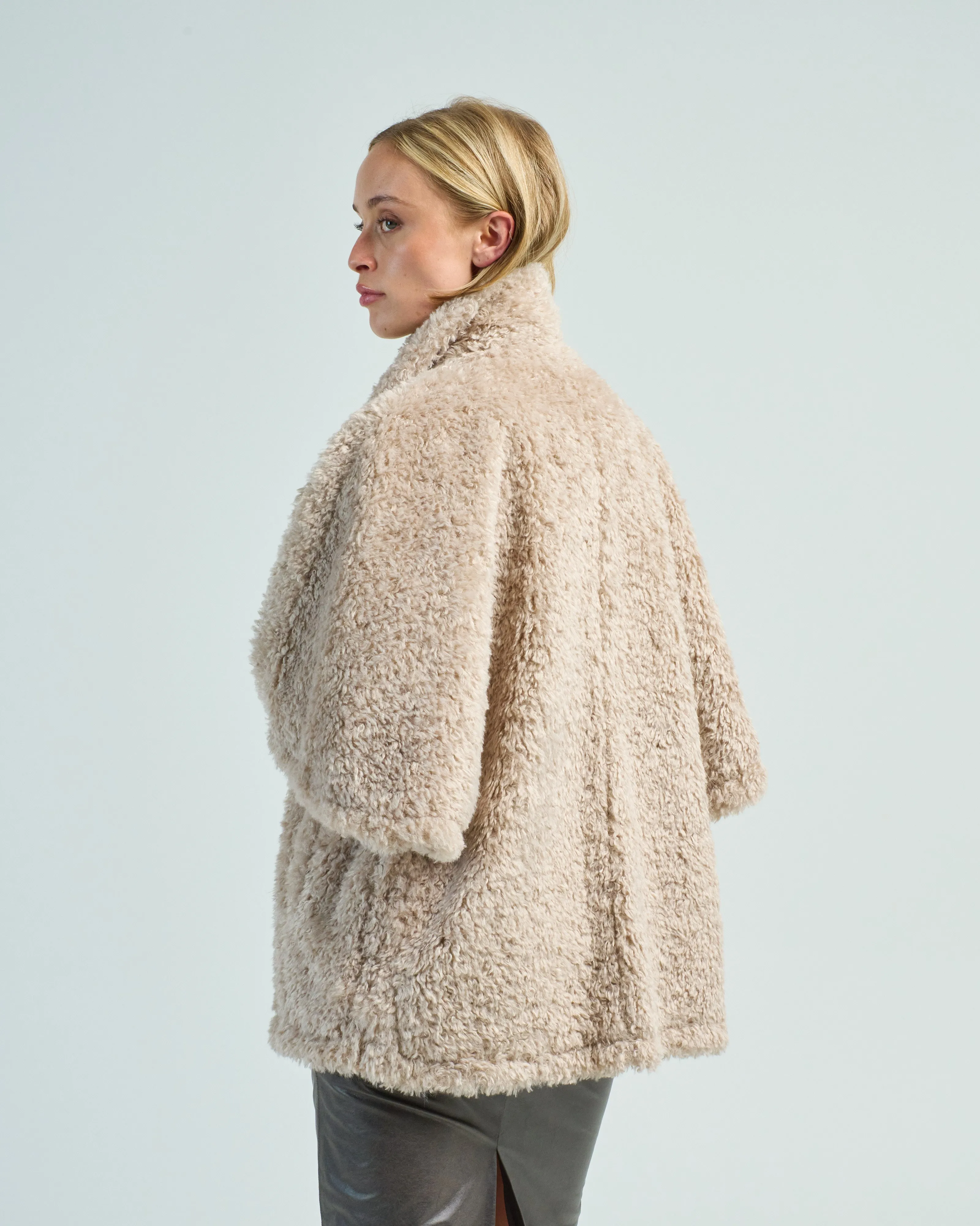 curly faux fur double breasted cape