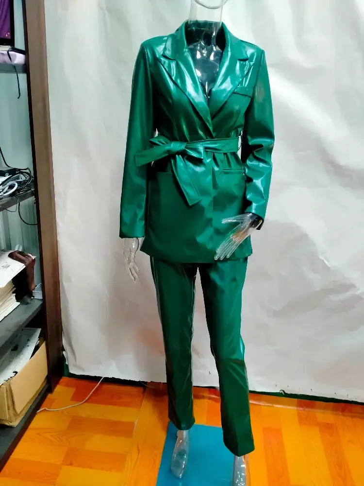 Dark Green Faux Leather Jacket and Pants Suit