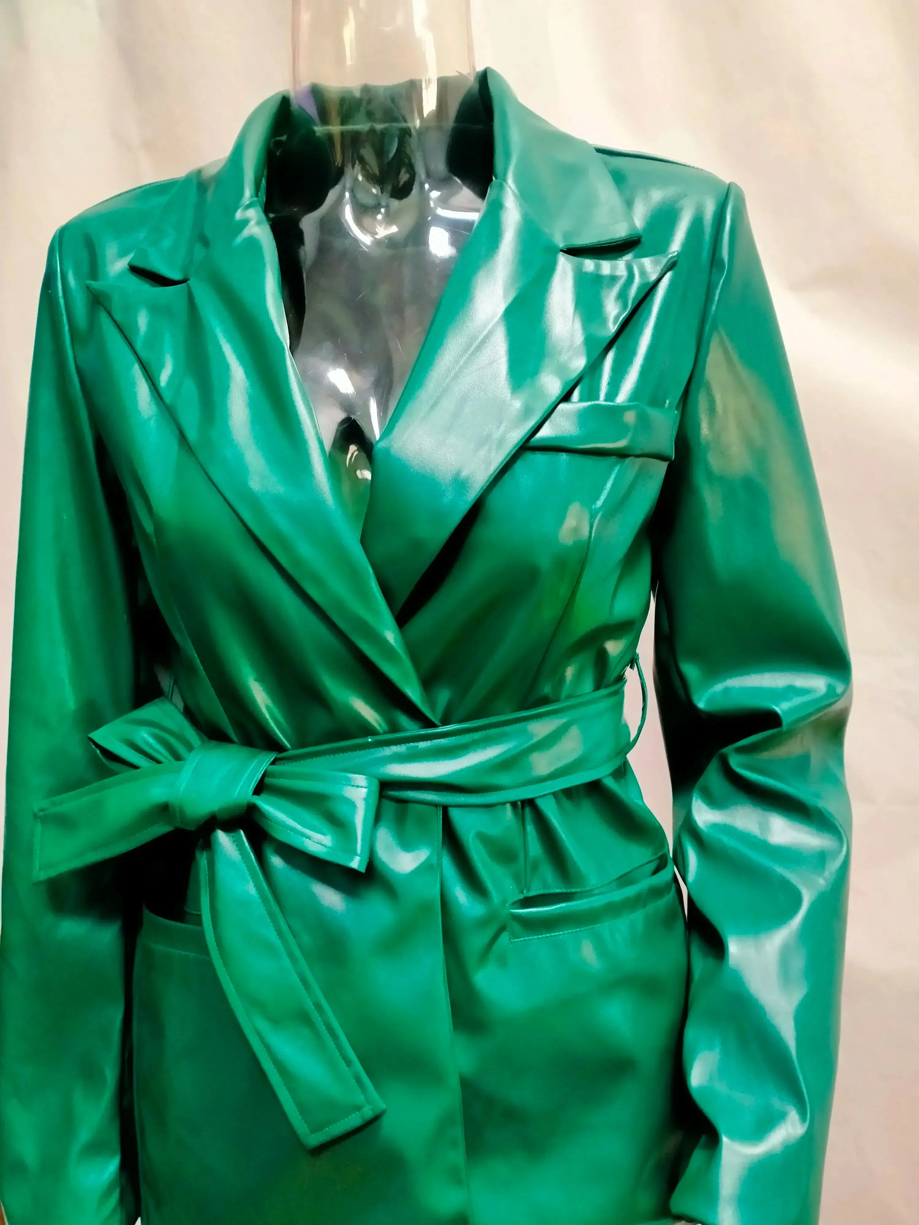 Dark Green Faux Leather Jacket and Pants Suit