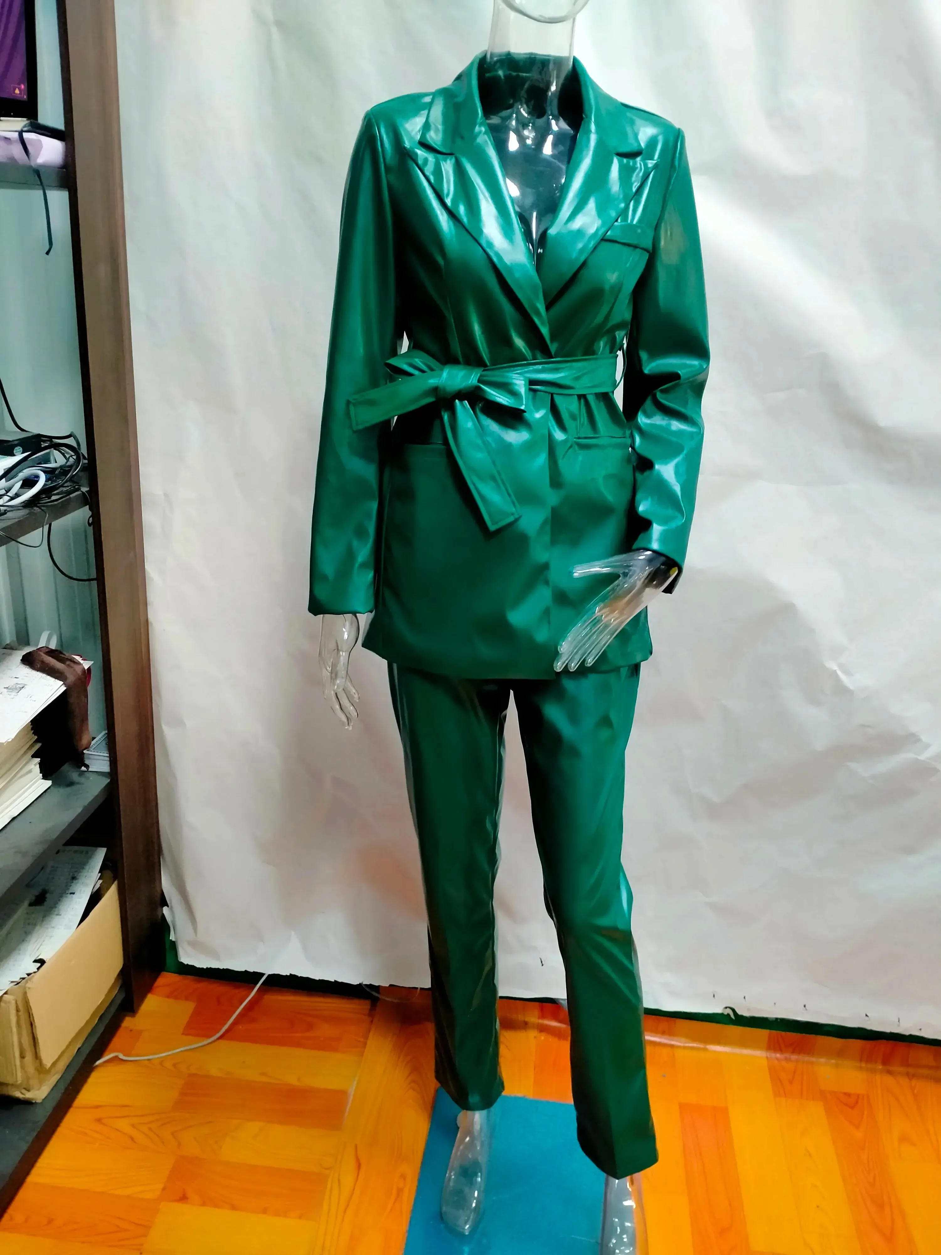 Dark Green Faux Leather Jacket and Pants Suit