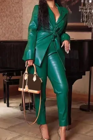 Dark Green Faux Leather Jacket and Pants Suit