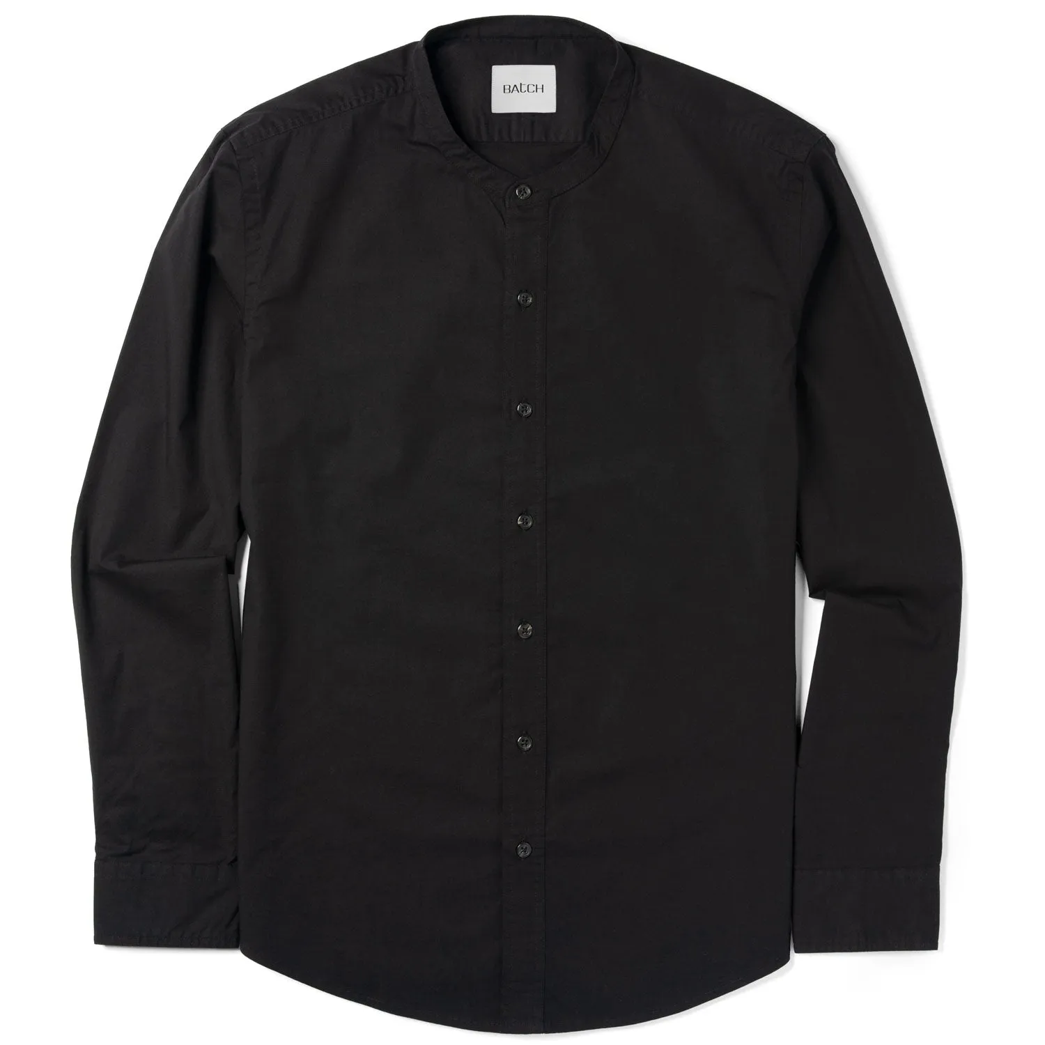 Essential Band Collar Button Down Shirt - Jet Black Cotton Stretch Poplin