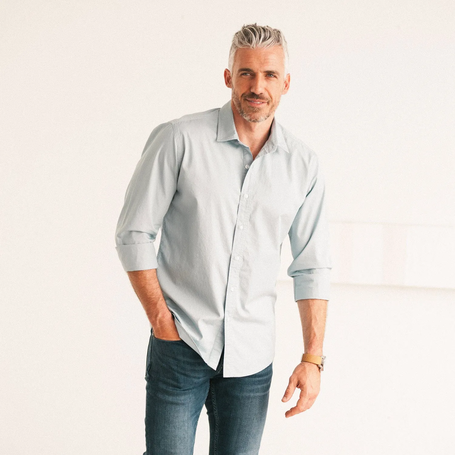 Essential Spread Collar Casual Shirt - Cloud Blue Stretch Cotton Poplin