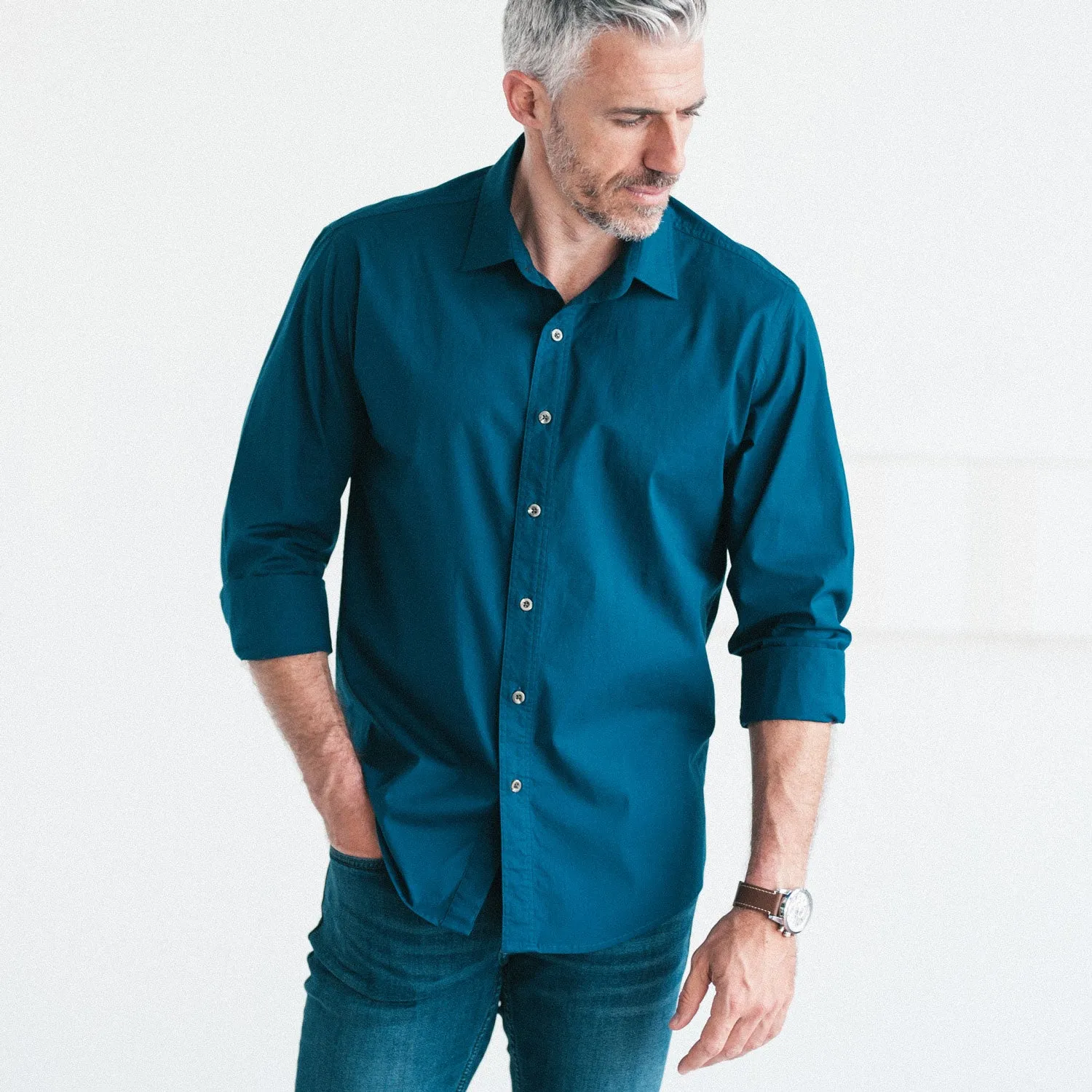 Essential Spread Collar Casual Shirt - Cobalt Blue Stretch Cotton Poplin