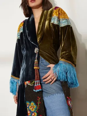 Ethnic Pattern Print Patchwork Velvet Shawl Square Collar Tassel Long Sleeve Coat