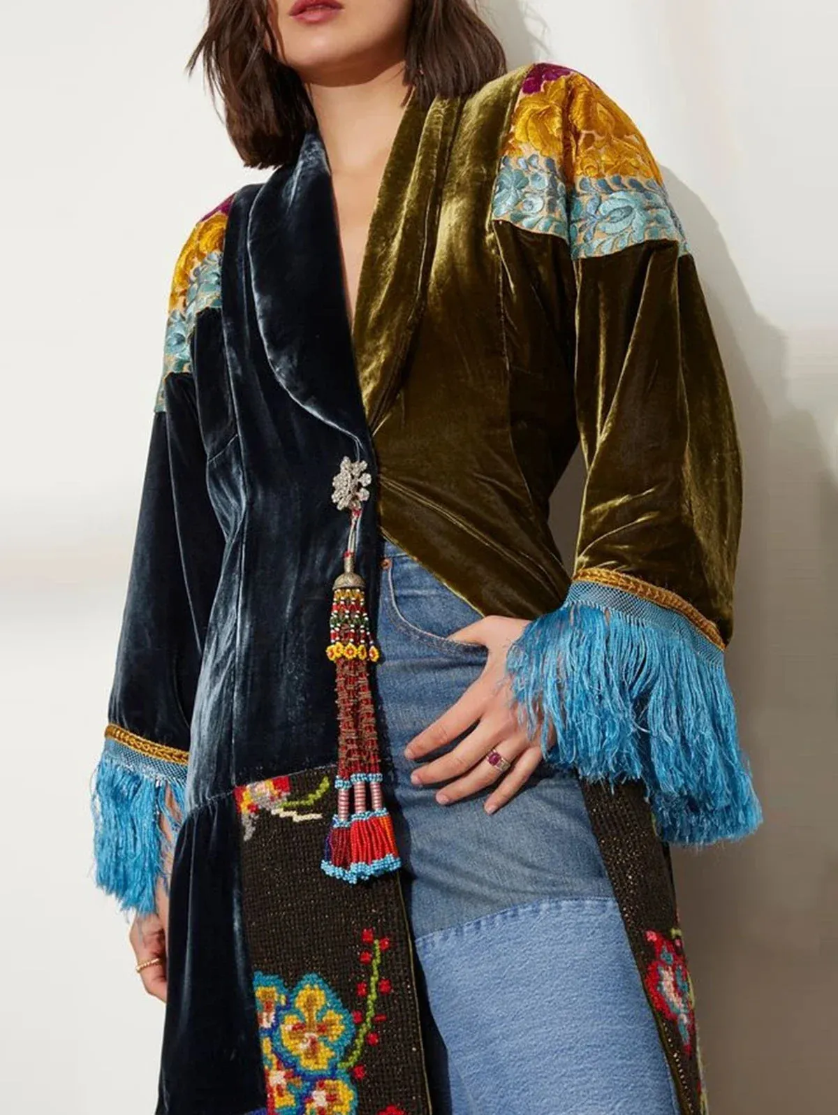 Ethnic Pattern Print Patchwork Velvet Shawl Square Collar Tassel Long Sleeve Coat