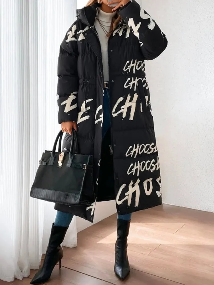 Fashion Letter Print Bandage Hooded Long Padded Coat/Down Coat