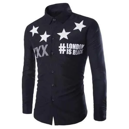 Fashion Slimming Shirt Collar Five-Point Star Pattern Long Sleeve Polyester Shirt For Men - Black L