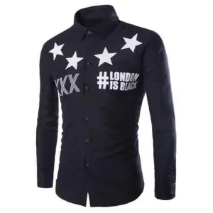 Fashion Slimming Shirt Collar Five-Point Star Pattern Long Sleeve Polyester Shirt For Men - Black L