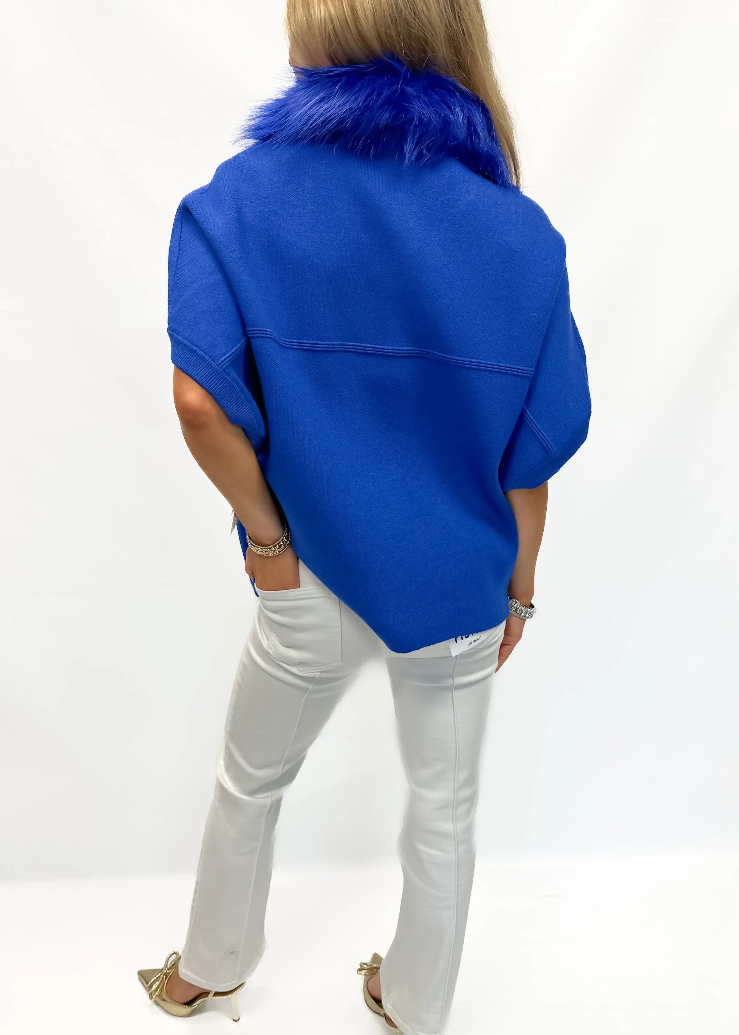 Faux Fur Trim Cardigan - Blue