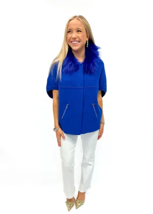 Faux Fur Trim Cardigan - Blue