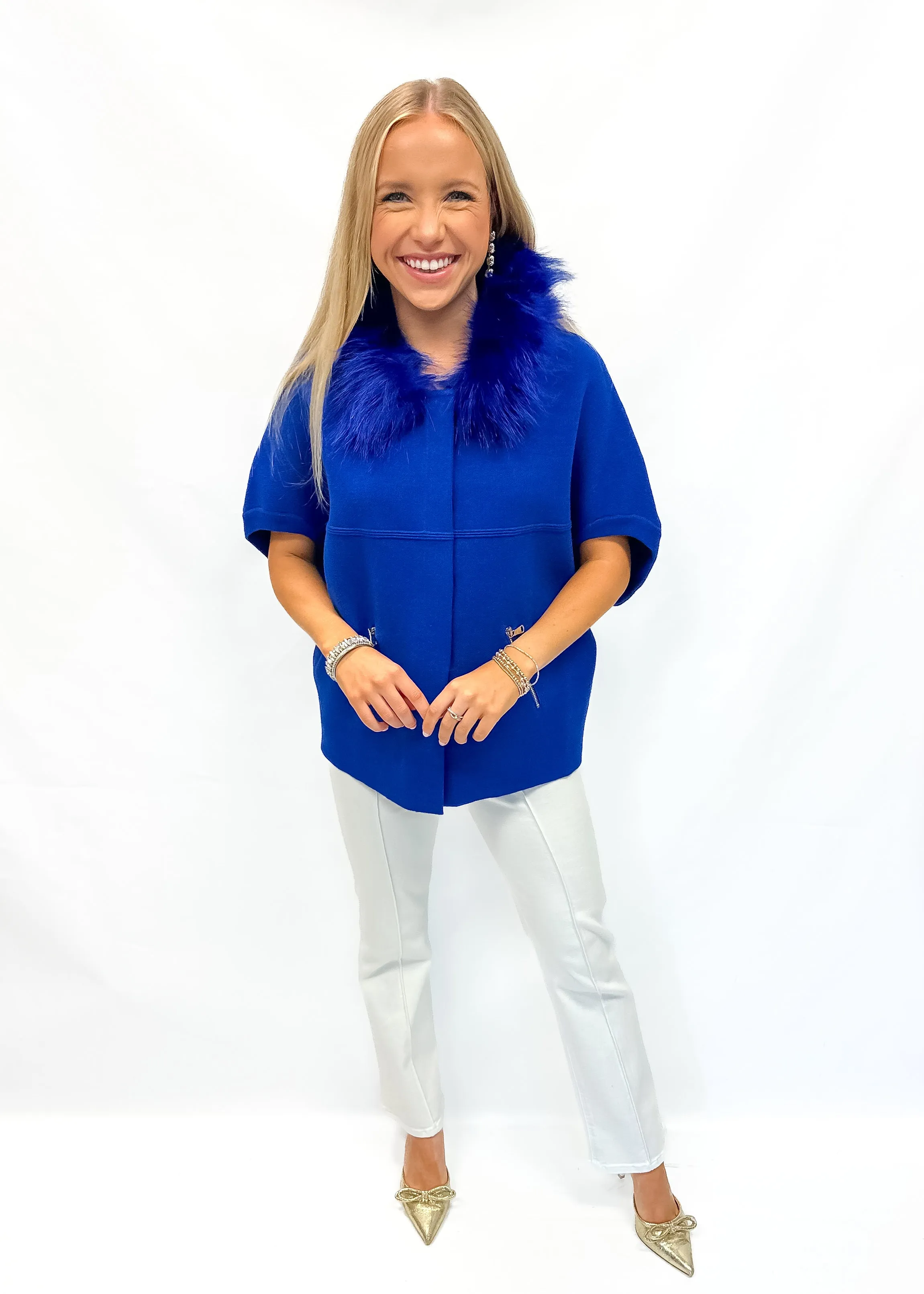 Faux Fur Trim Cardigan - Blue