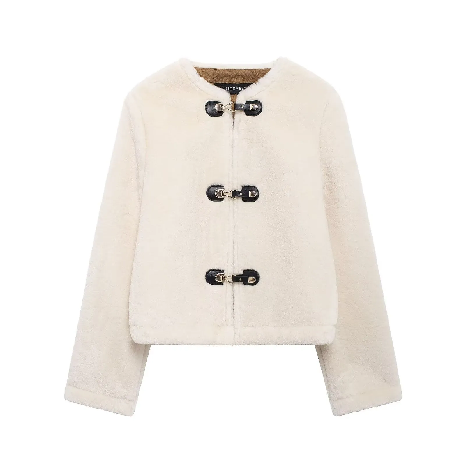 Faux Leather Latch Long Sleeve Faux Fur Jacket