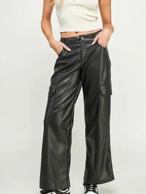Faux Leather Wide-Leg Cargo Pants
