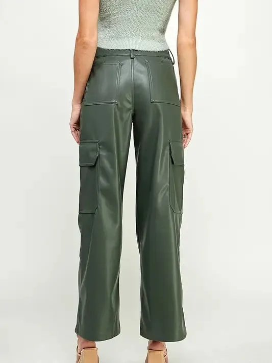 Faux Leather Wide-Leg Cargo Pants