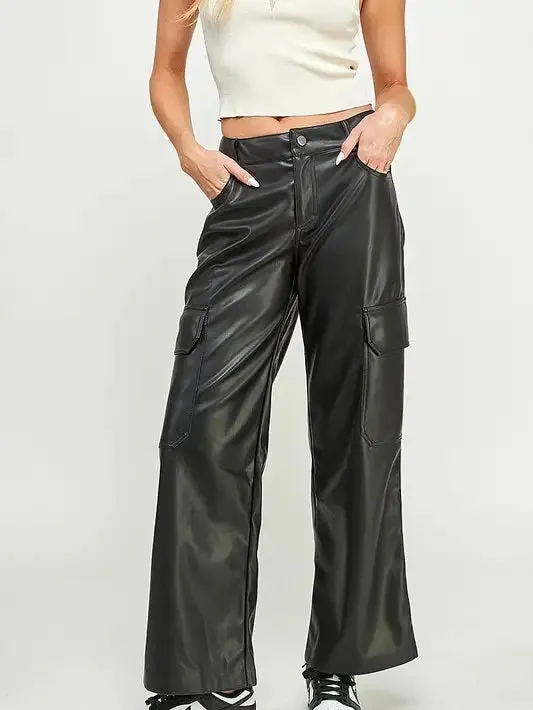 Faux Leather Wide-Leg Cargo Pants