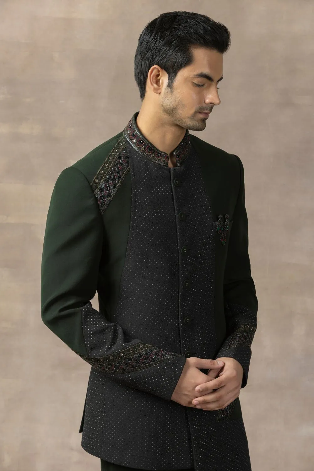 Forest Green Bandhgala With Pearl Work