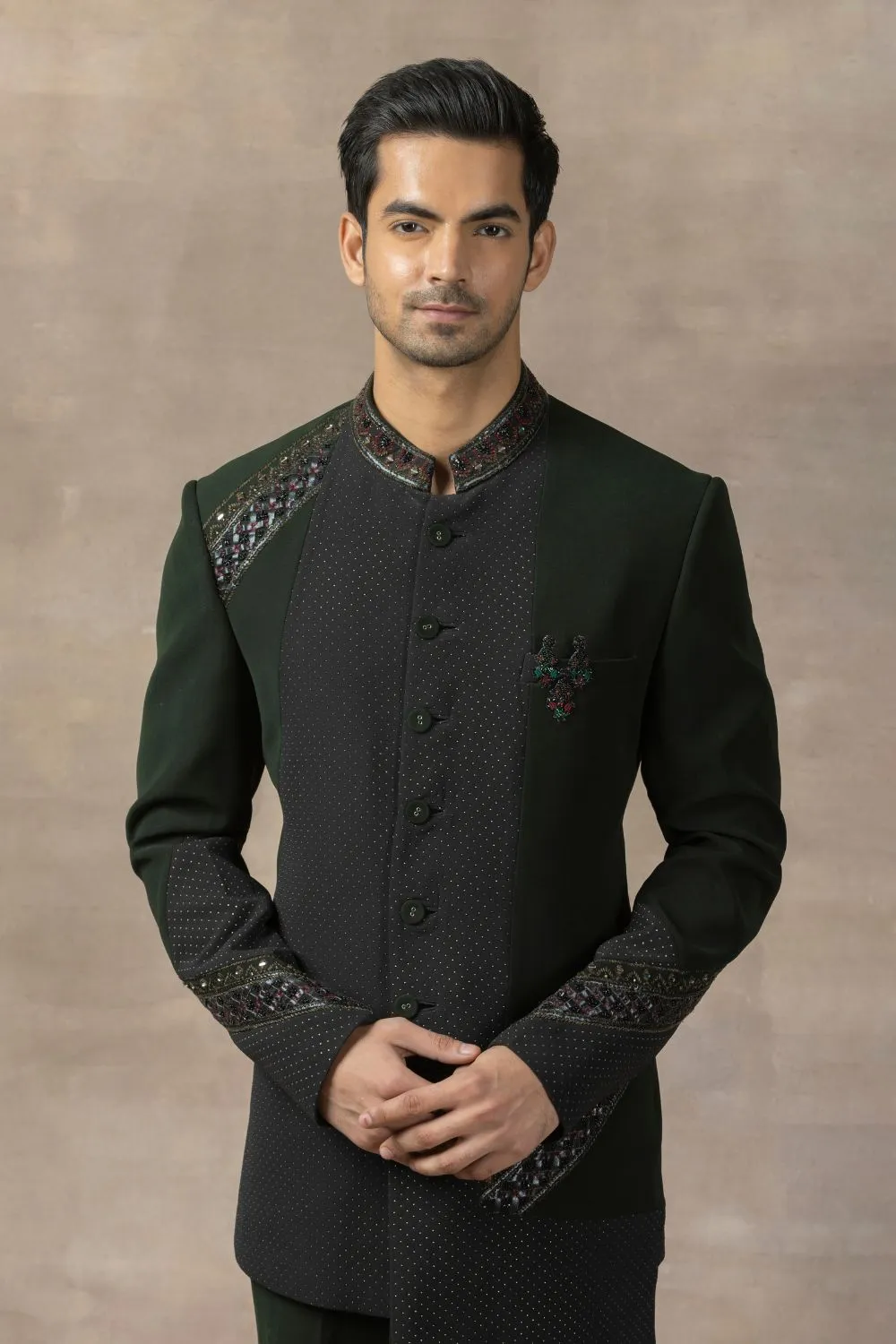 Forest Green Bandhgala With Pearl Work