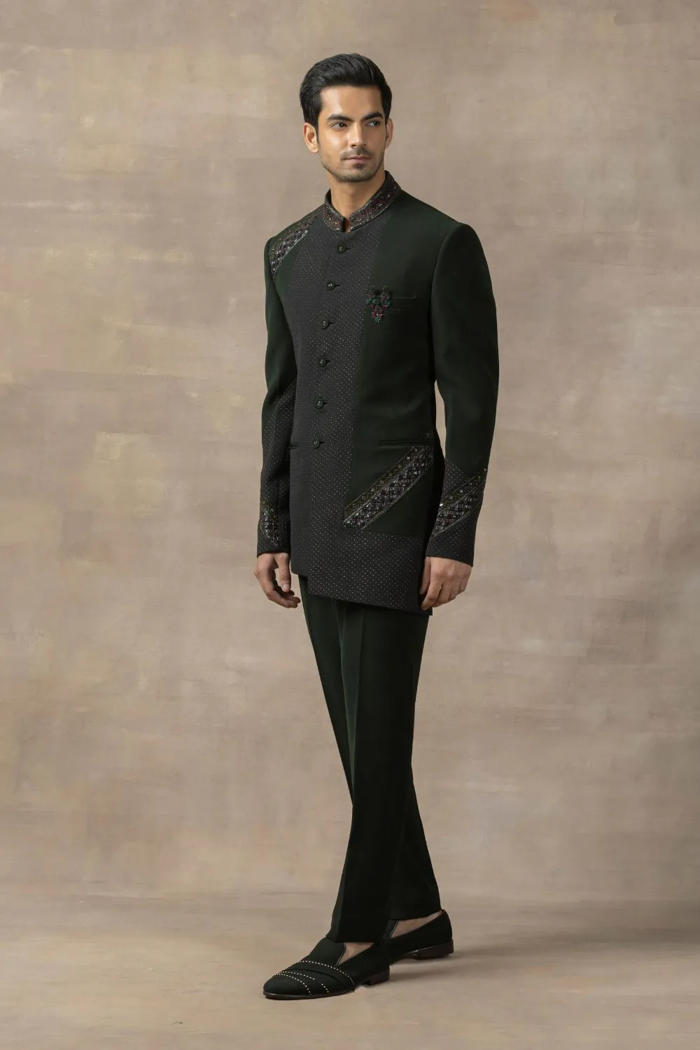 Forest Green Bandhgala With Pearl Work