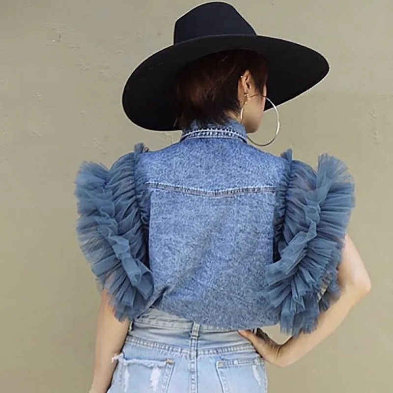 French Style Fairy Sleeveless Denim Jacket Cowboy Spliced Coat