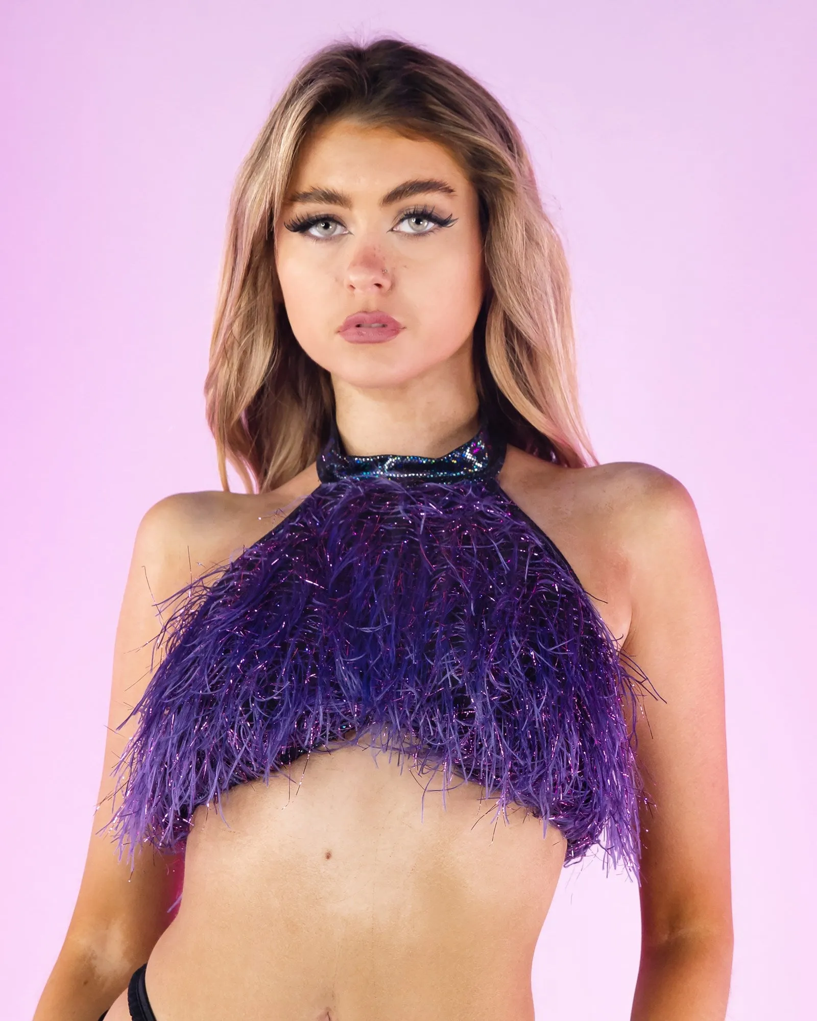 Funkmaster Faux Fur Cropped Halter Neck Top