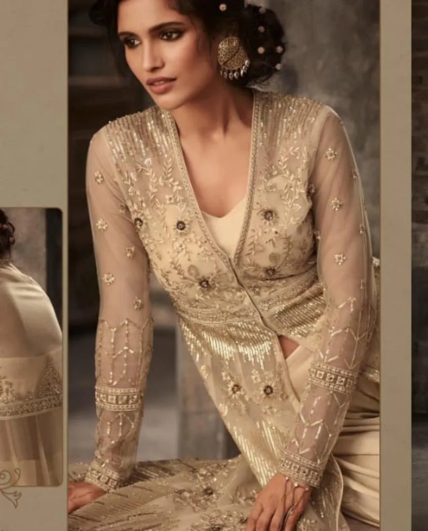 Golden Beige Wedding Anarkali Lehenga/Pants Suit