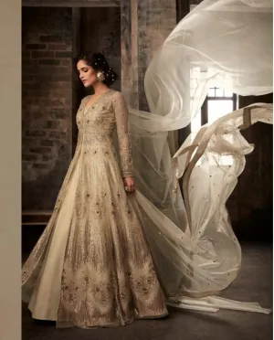 Golden Beige Wedding Anarkali Lehenga/Pants Suit