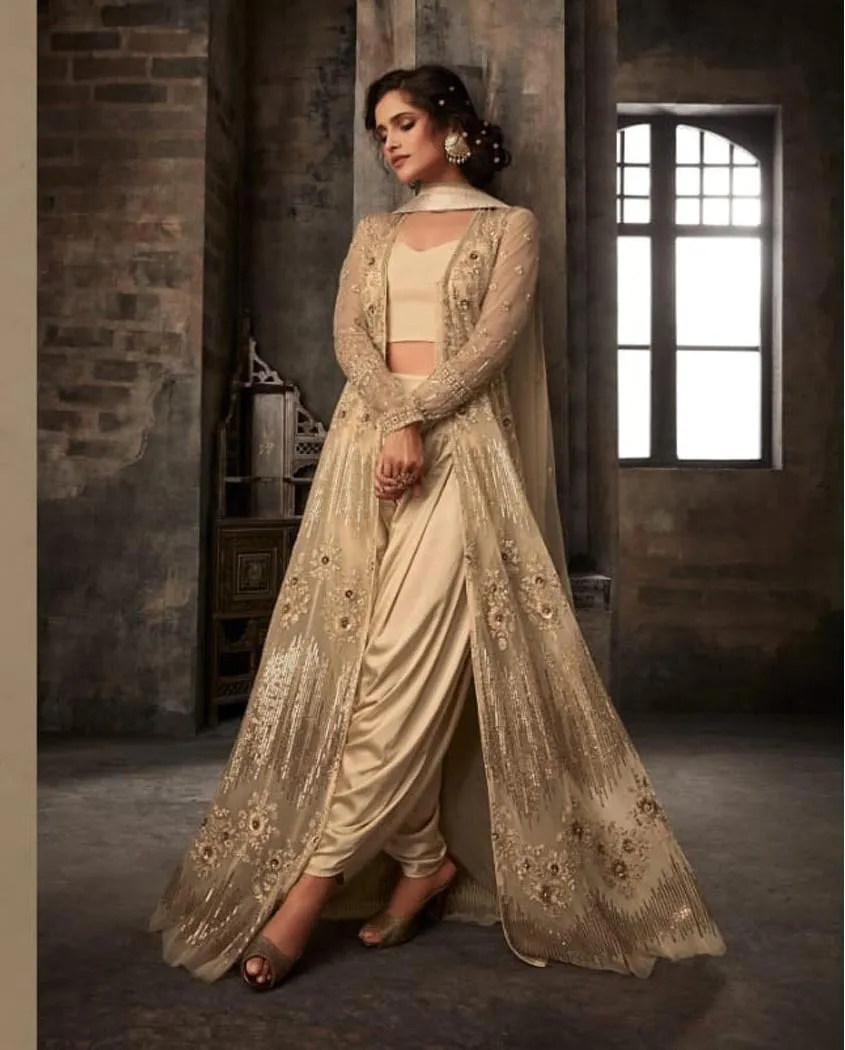 Golden Beige Wedding Anarkali Lehenga/Pants Suit