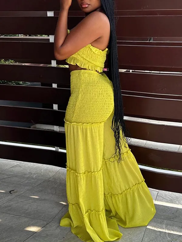 Gorgeousladie Smocked Bandeau Top & Wide-Leg Pants Set