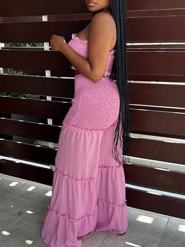 Gorgeousladie Smocked Bandeau Top & Wide-Leg Pants Set
