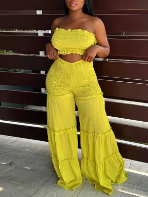 Gorgeousladie Smocked Bandeau Top & Wide-Leg Pants Set