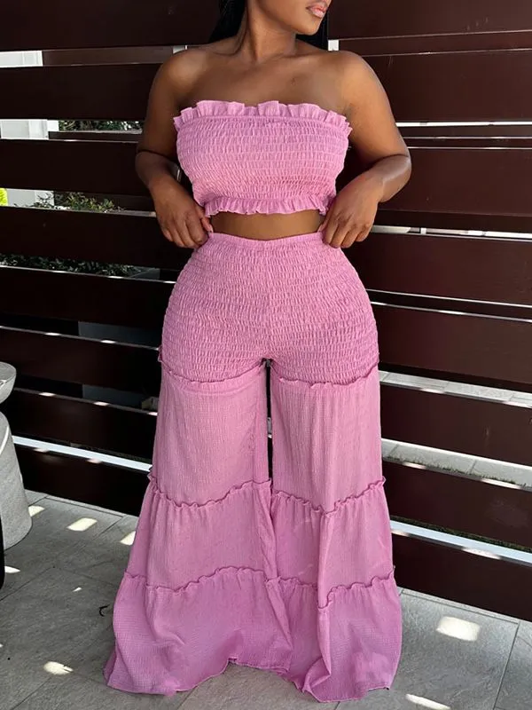 Gorgeousladie Smocked Bandeau Top & Wide-Leg Pants Set