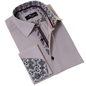 Gray with inside White Ptrined Double Cuff Shirt Mens Slim Fit Designer French Cuff Shirt - tailored Cotton Shirts for Work and Casual Wear