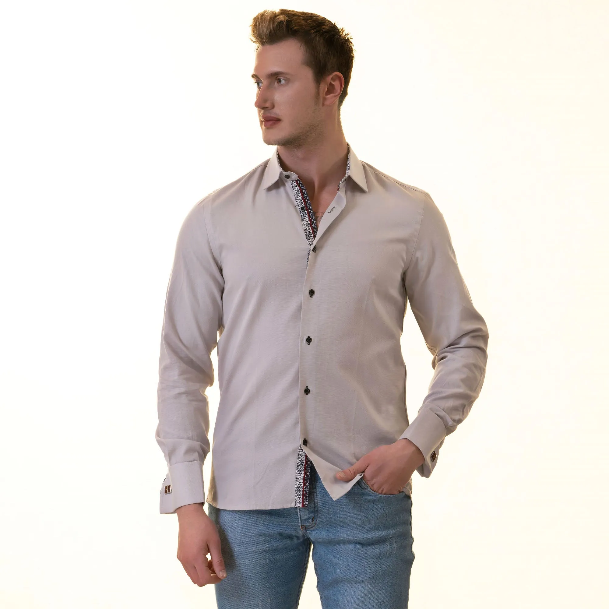 Gray with inside White Ptrined Double Cuff Shirt Mens Slim Fit Designer French Cuff Shirt - tailored Cotton Shirts for Work and Casual Wear
