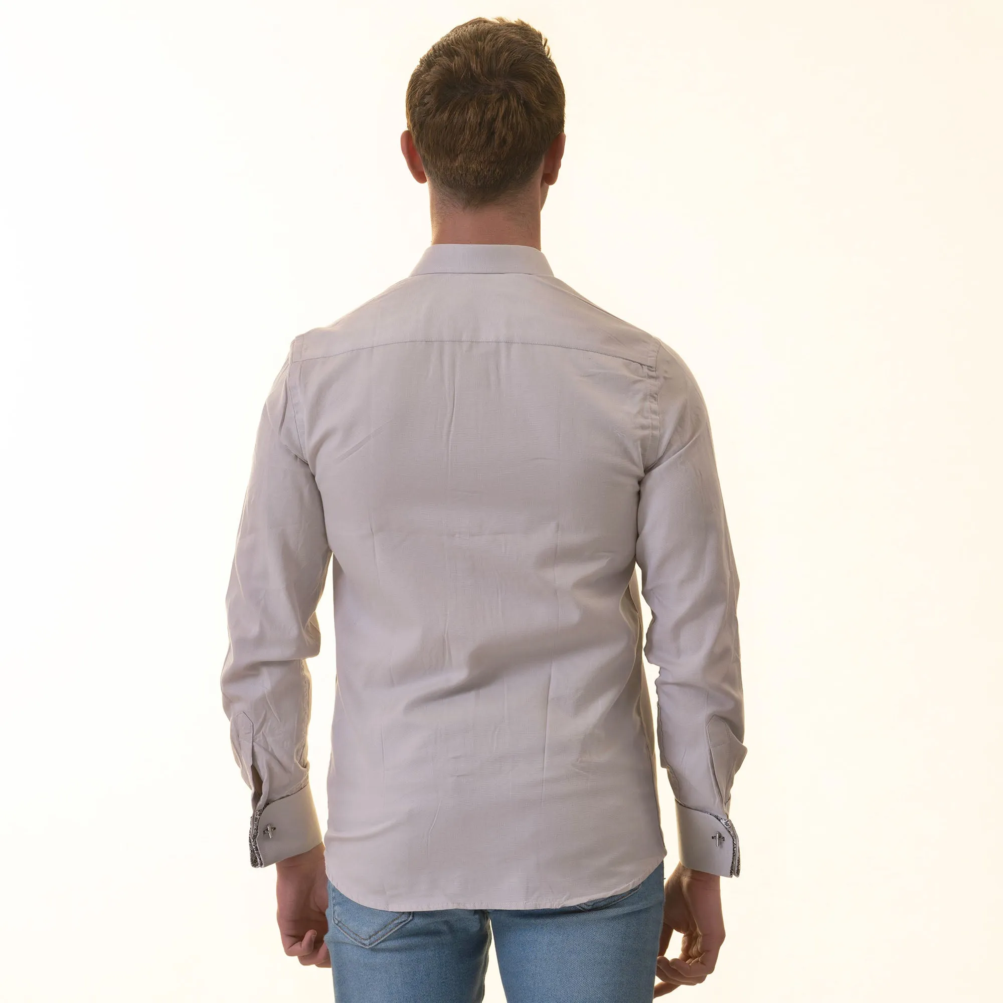 Gray with inside White Ptrined Double Cuff Shirt Mens Slim Fit Designer French Cuff Shirt - tailored Cotton Shirts for Work and Casual Wear