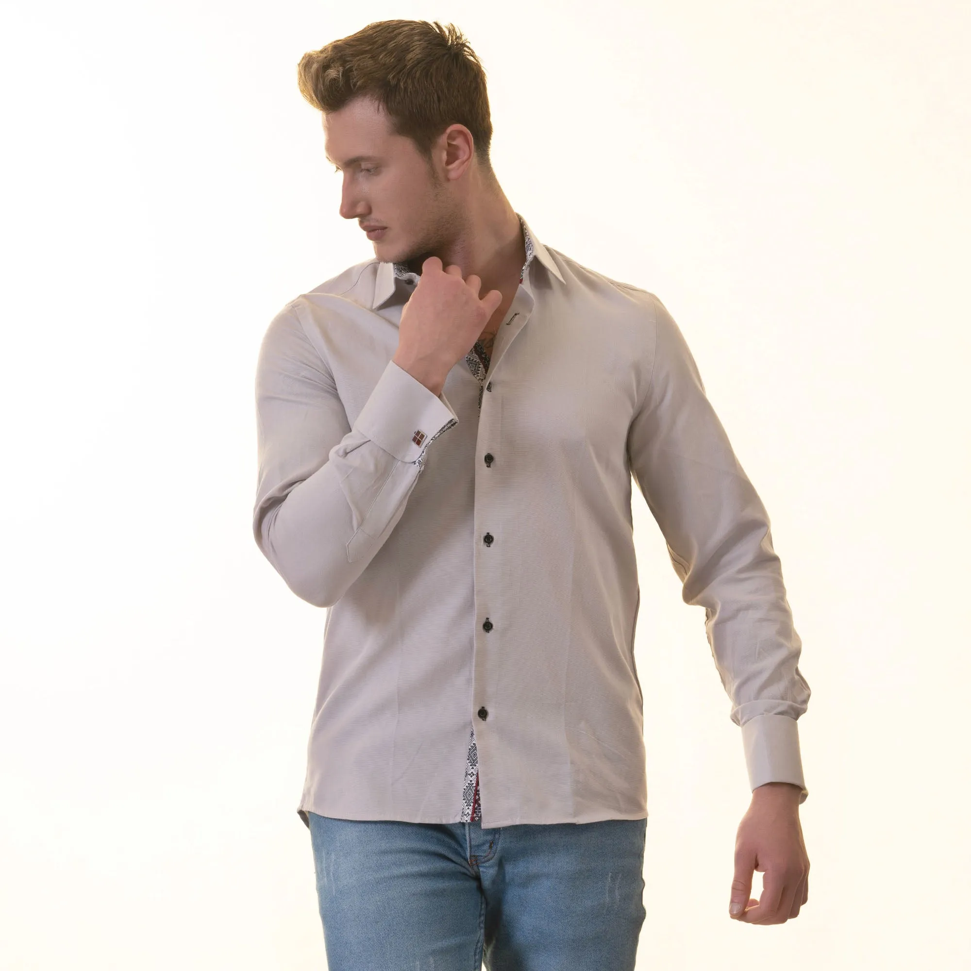 Gray with inside White Ptrined Double Cuff Shirt Mens Slim Fit Designer French Cuff Shirt - tailored Cotton Shirts for Work and Casual Wear